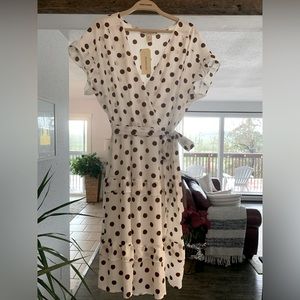 Monteau Women’s White Brown Polka Dot Dress Ruffled Tiered Size XL Preowned